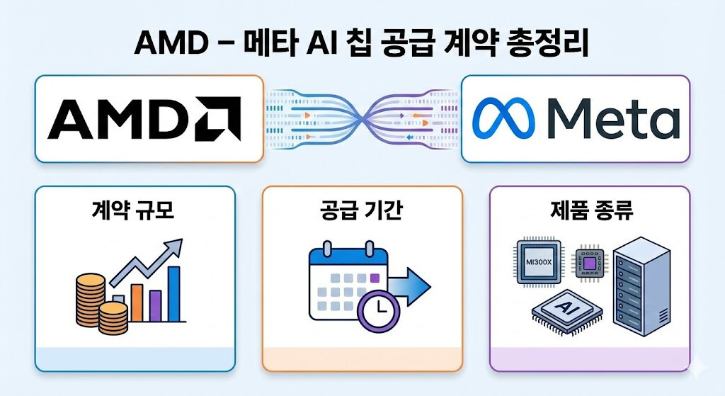 AMD-메타 AI 칩 공급 계약 총정리 인포그래픽 – 계약 규모, 공급 기간, 제품 종류(MI300X) 설명 이미지