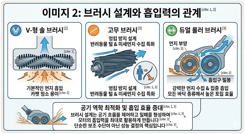 로봇청소기 브러시 설계와 흡입력의 관계를 설명하는 이미지