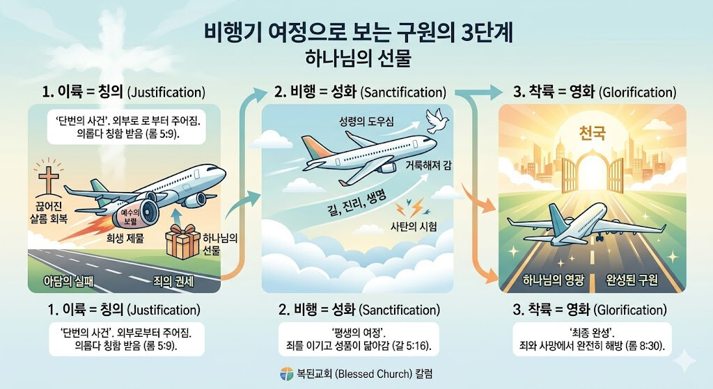 기독교 구원 과정 칭의 성화 영화 단계를 설명한 인포그래픽