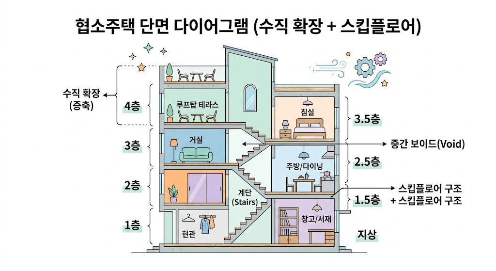 협소주택 수직 확장 구조와 스킵플로어 설계 단면도