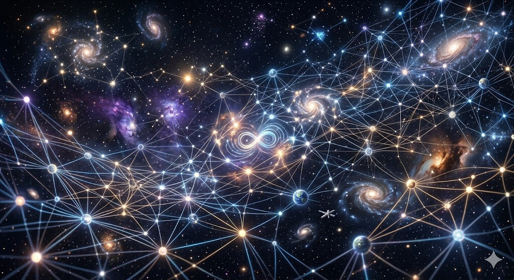 불교 공 개념을 설명하는 모든 것이 연결된 구조를 우주로 표현한 이미지