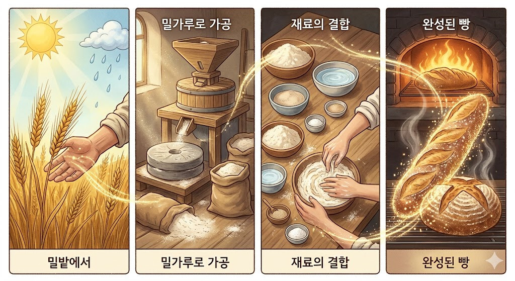 색즉시공 개념을 설명하는 빵의 생성 과정과 인과관계 이미지