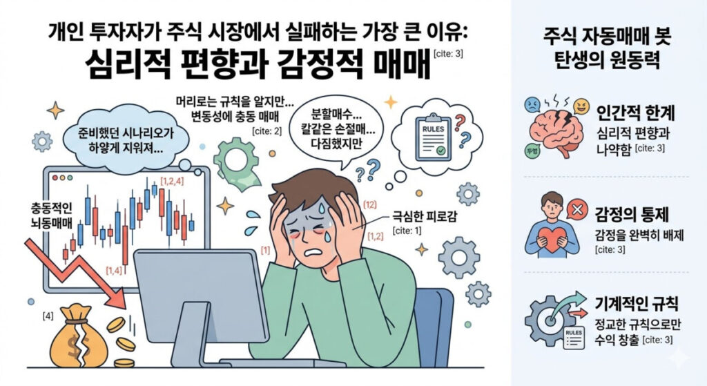 캔들 차트 + 사람이 머리 감싸고 있는 모습 (감정적 매매 강조)