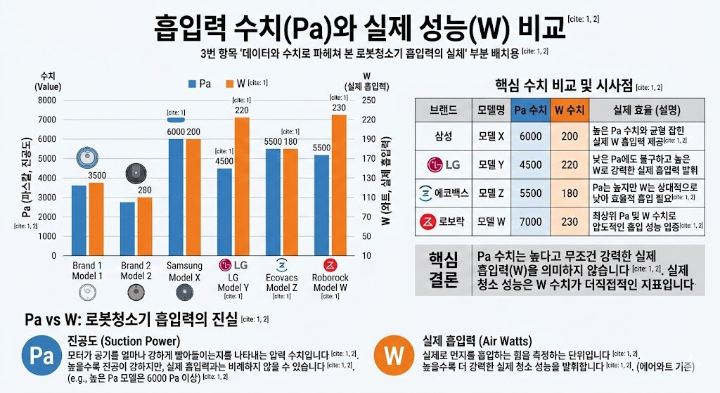 로봇청소기 모델별 Pa 수치와 실제 흡입력(W) 비교 그래프