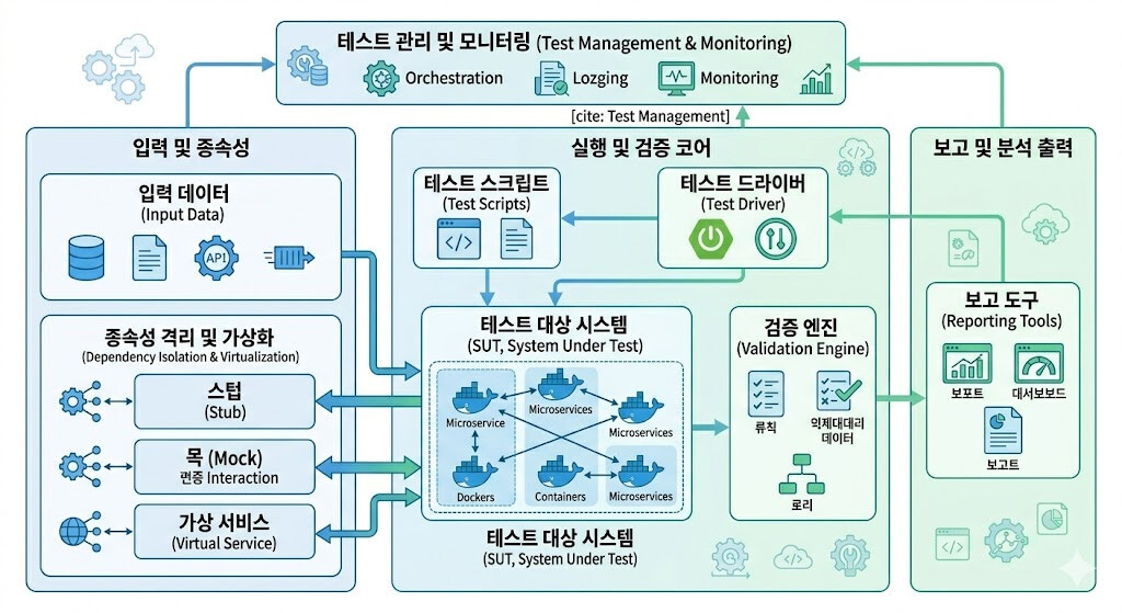 테스트 하네스 구성 요소와 실행 흐름을 보여주는 아키텍처 다이어그램