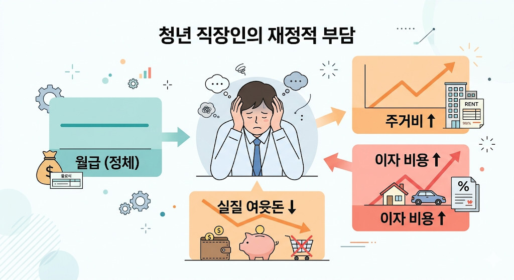 사회초년생 월급 대비 주거비와 이자 부담 증가로 자산 형성이 어려운 구조 설명 이미지
