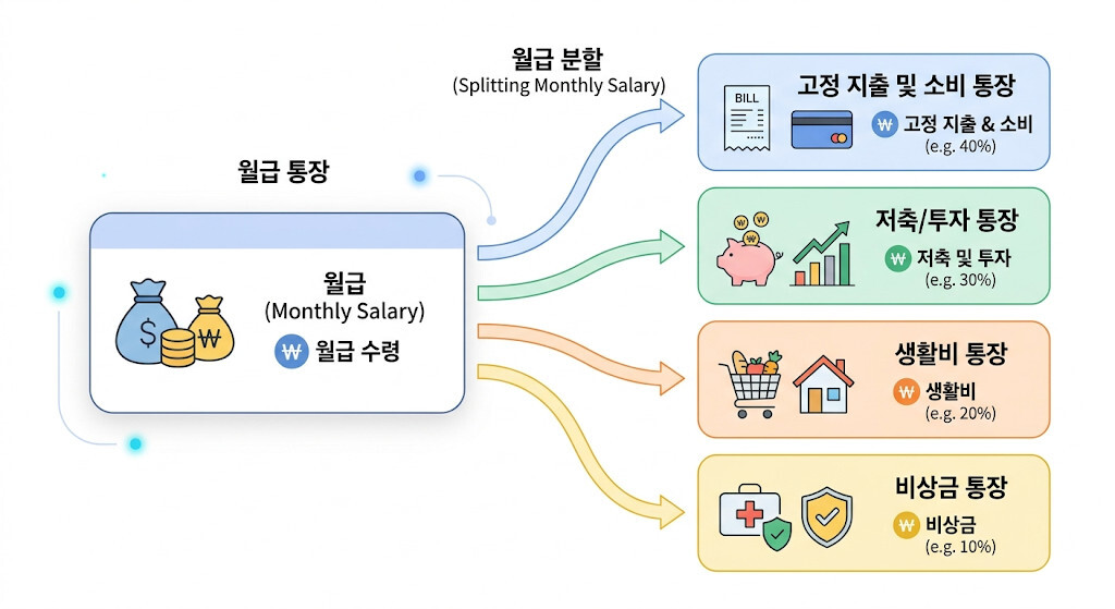 월급을 급여 통장부터 저축 생활비 비상금으로 나누는 통장 쪼개기 시스템 구조