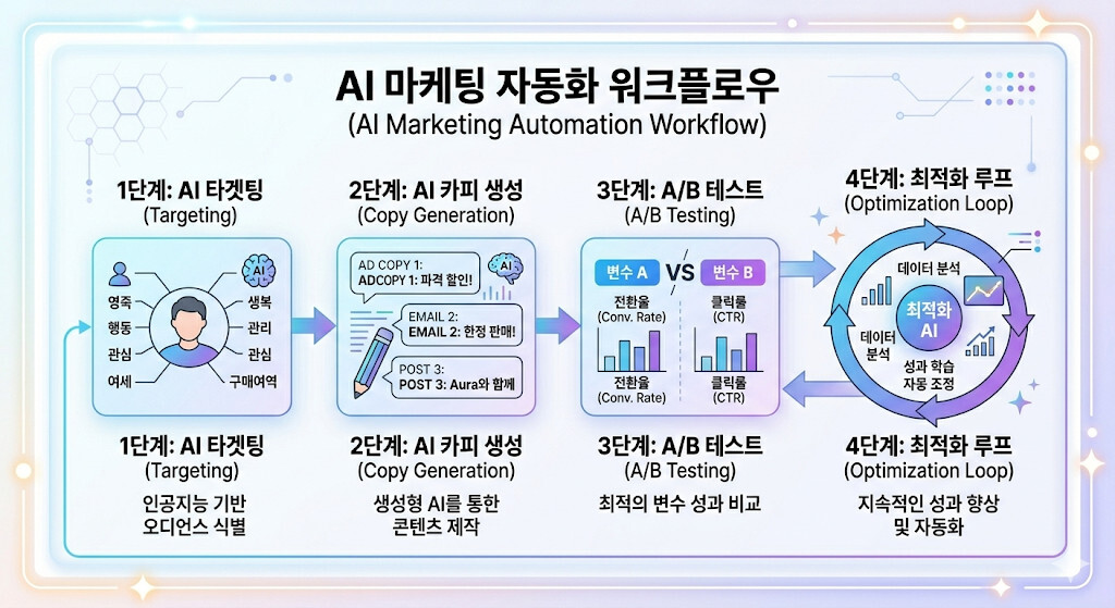 AI 마케팅 자동화 프로세스 타겟팅 카피 생성 A/B 테스트 흐름도