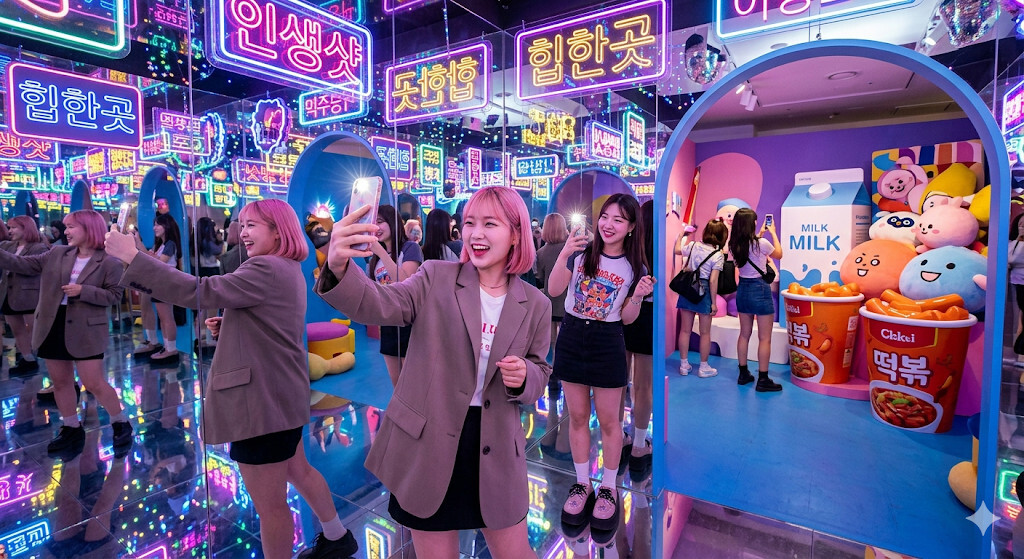 팝업스토어 포토존에서 인증샷을 찍는 사람들
