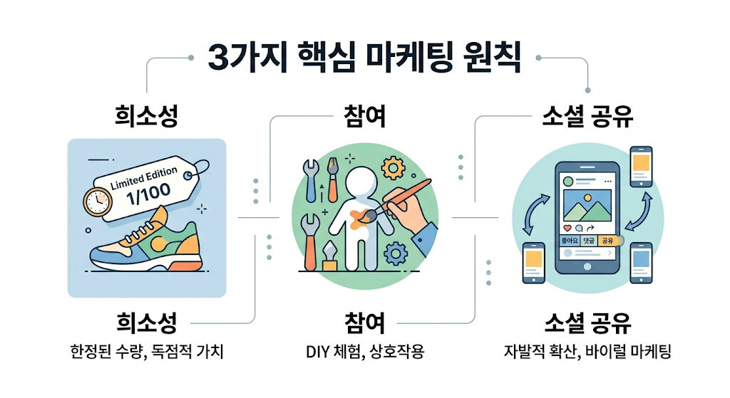 팝업스토어 마케팅 핵심 요소 희소성 참여 인증욕구 인포그래픽