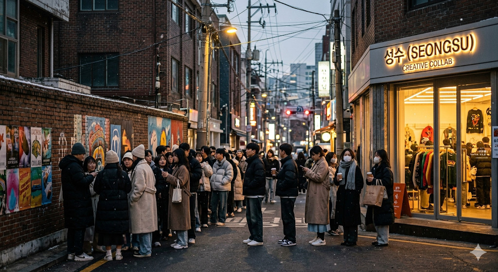 성수동 팝업스토어 앞 긴 웨이팅 줄 모습