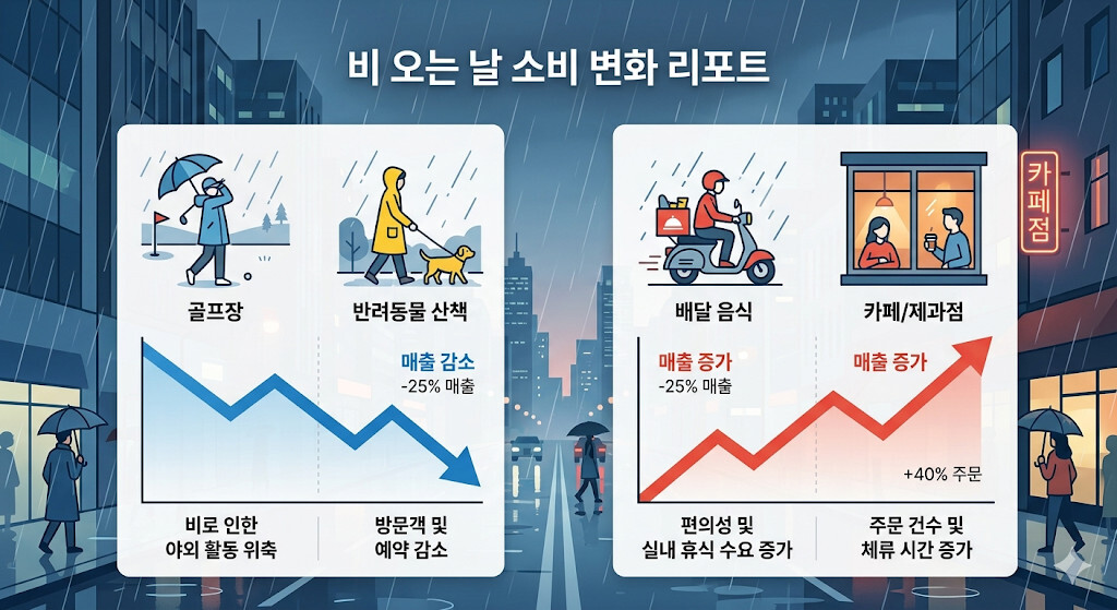 비 오는 날 실외 소비 감소와 실내 소비 증가 인포그래픽