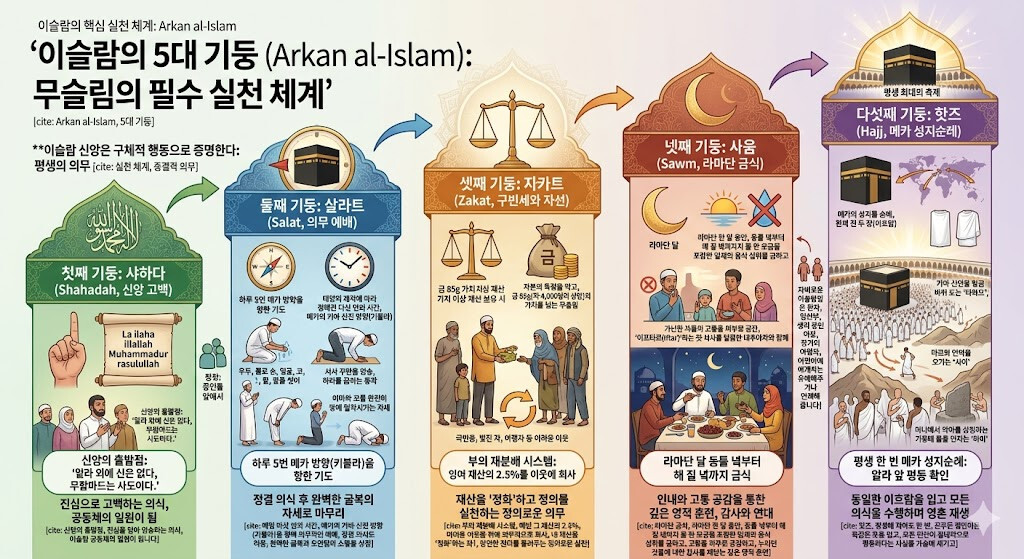 이슬람 5대 기둥 정리 샤하다 살라트 자카트 사움 핫즈