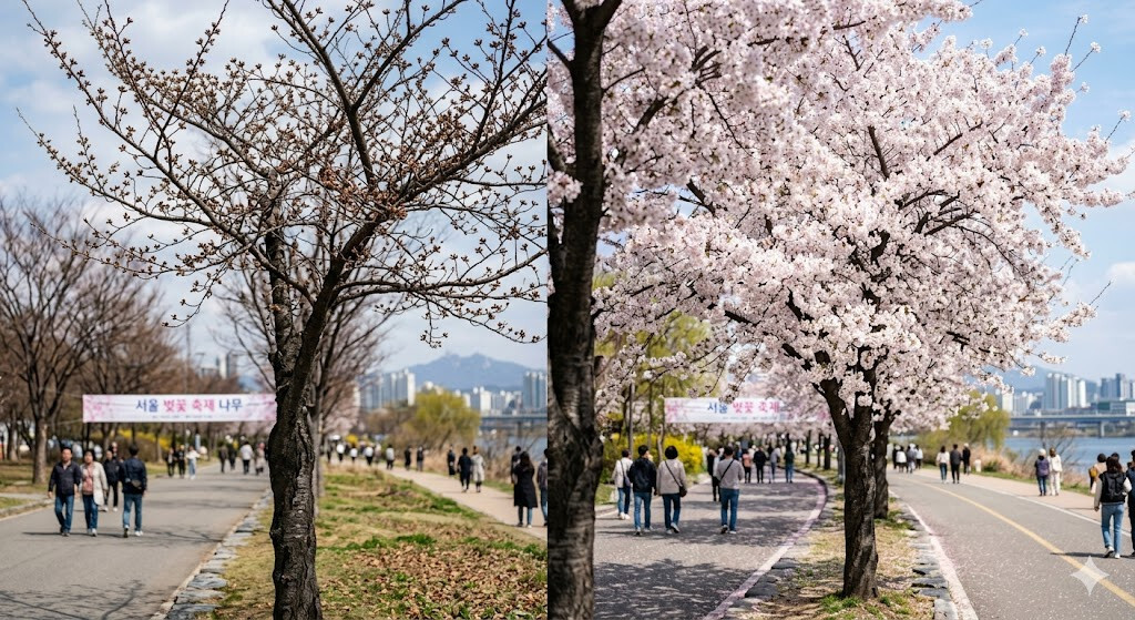 벚꽃이 아직 안 핀 나무 vs 만개한 벚꽃 비교