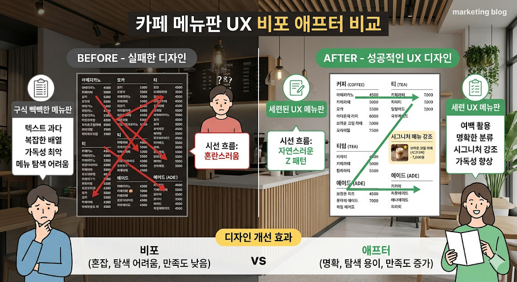 실패한 카페 메뉴판과 성공적인 UX 메뉴판 비교