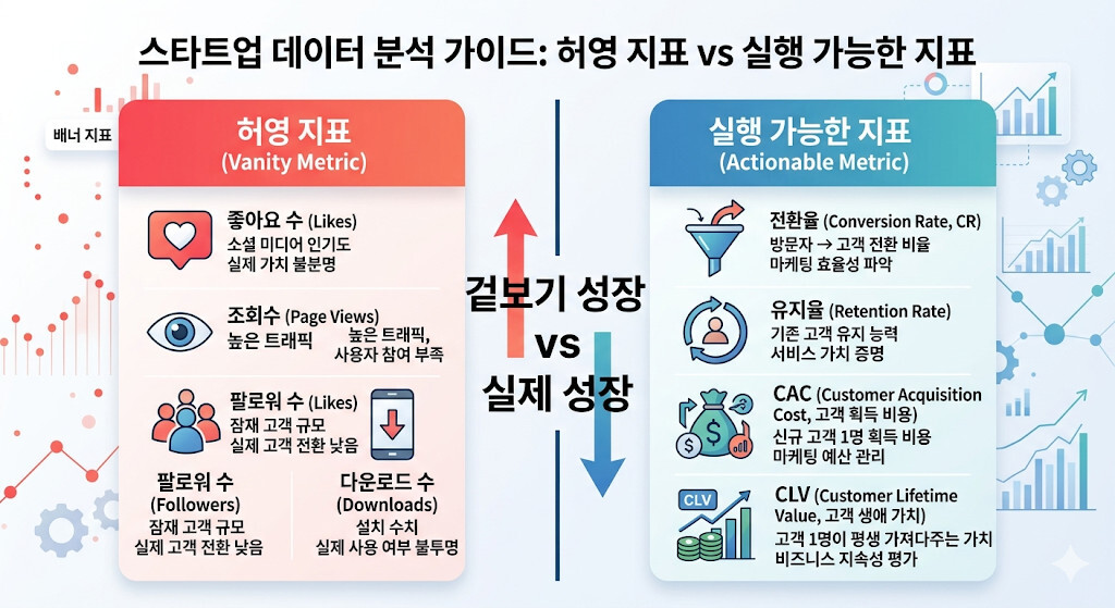 vanity metric과 actionable metric 차이 비교 인포그래픽