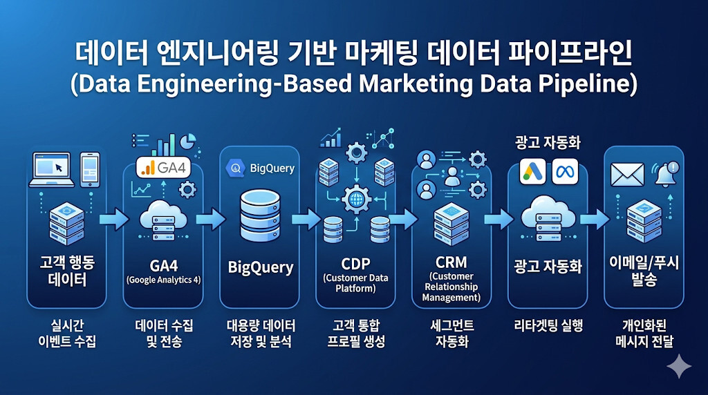 GA4와 CRM을 연결하는 마케팅 데이터 파이프라인 구조 예시