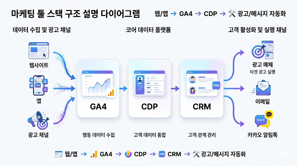 GA4 CRM CDP 광고툴 연결 구조를 설명하는 마케팅 툴 스택 다이어그램