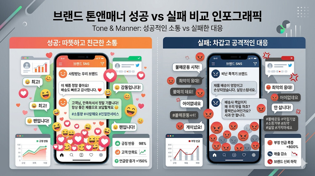 브랜드 톤앤매너에 따른 고객 반응과 브랜드 이미지 비교