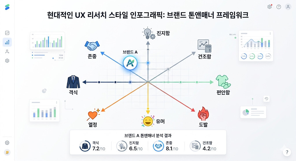 브랜드 톤앤매너의 4가지 핵심 차원을 설명하는 인포그래픽