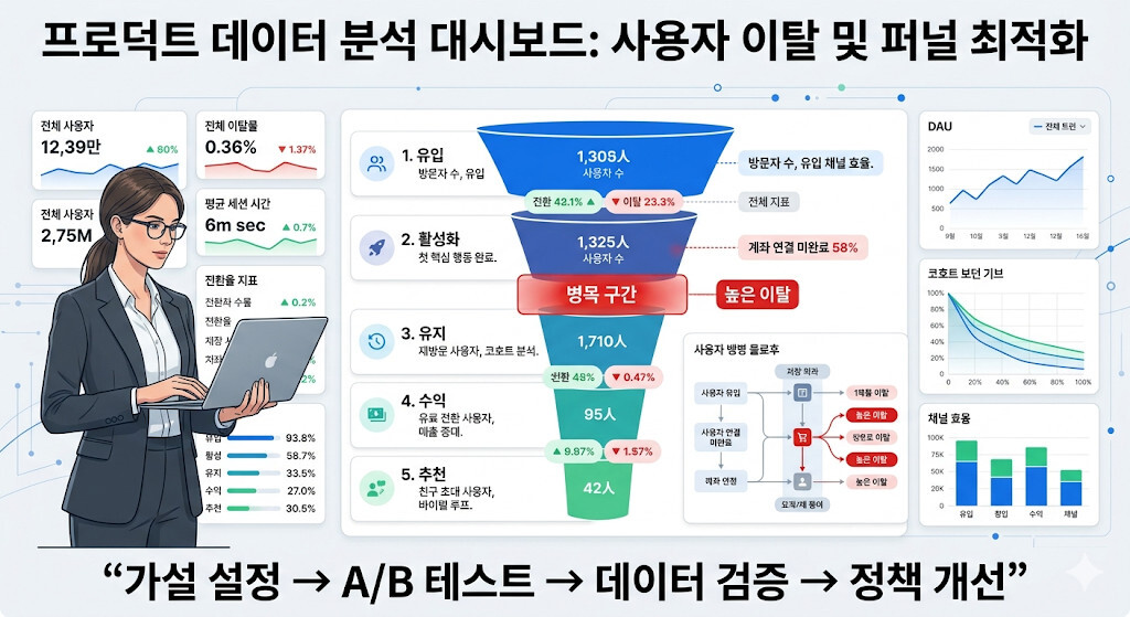 퍼널 분석과 데이터 기반 의사결정을 설명하는 서비스 기획 인포그래픽