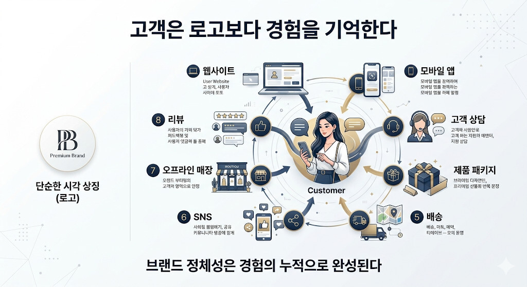 브랜드 경험이 브랜드 정체성을 만드는 과정을 설명하는 인포그래픽
