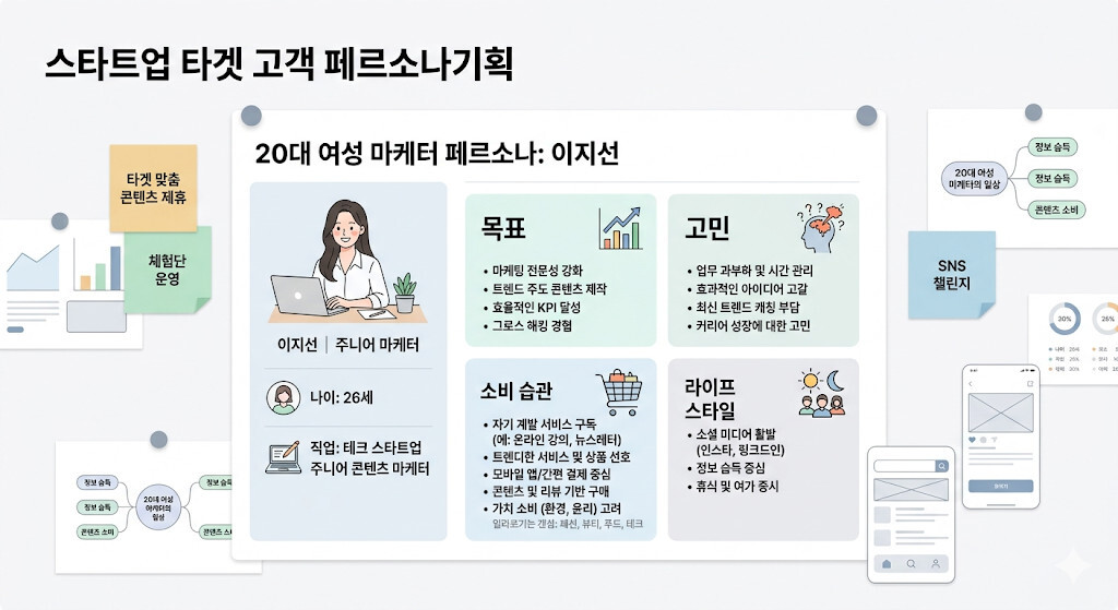 타겟 고객 페르소나 예시와 브랜드 문제 정의 인포그래픽