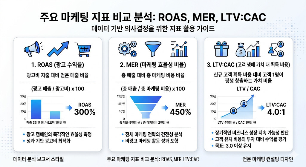 ROAS와 MER 그리고 LTV CAC 지표를 비교한 마케팅 수익성 분석 인포그래픽