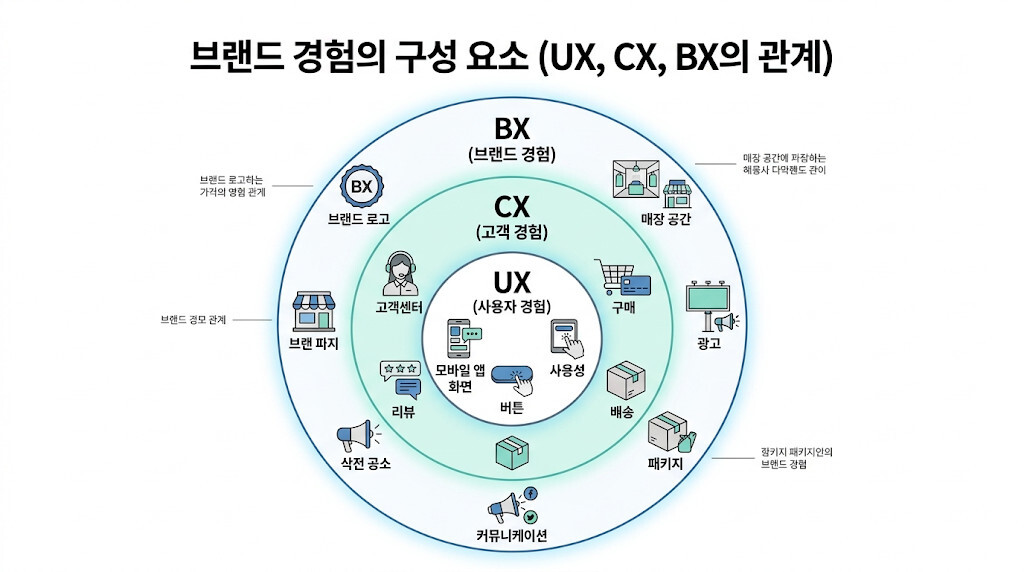 UX CX BX 차이와 브랜드 경험 구조를 설명하는 인포그래픽