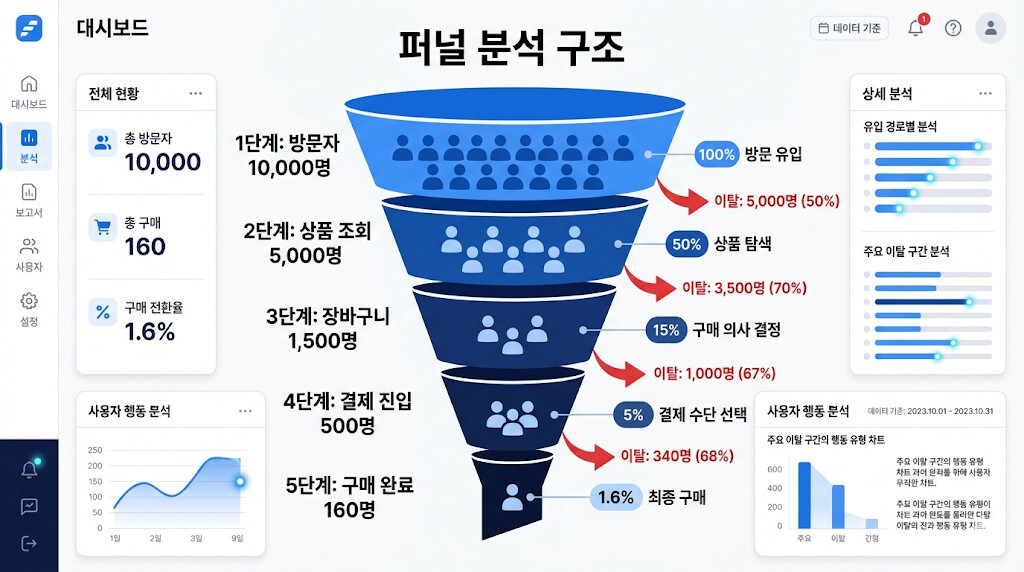 퍼널 분석 구조와 단계별 이탈률 예시