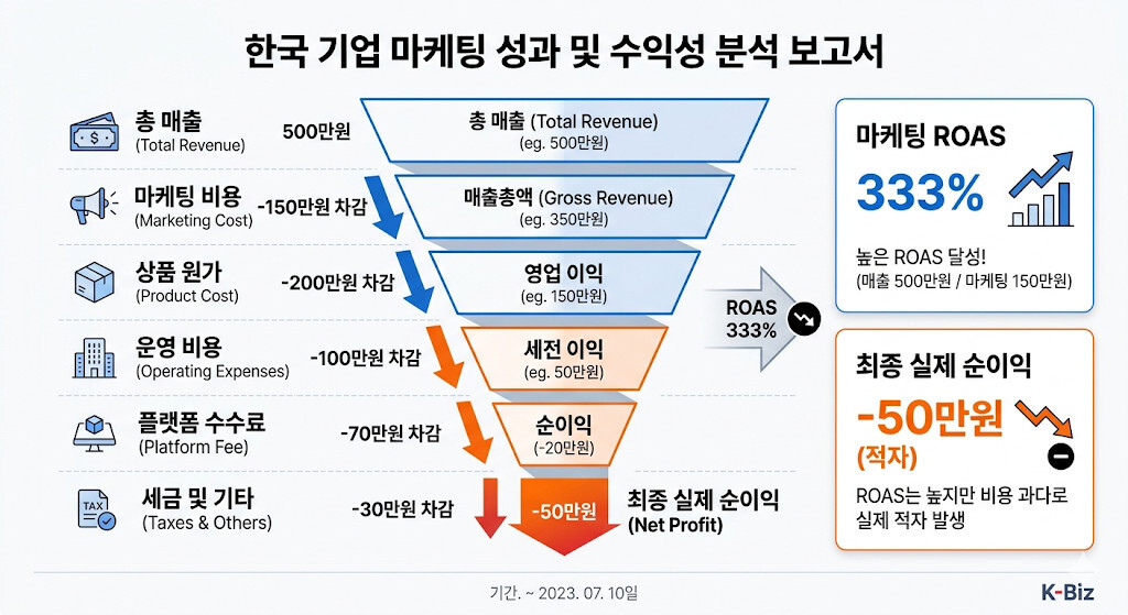 ROAS는 높지만 실제 이익은 적자가 되는 구조를 설명하는 인포그래픽