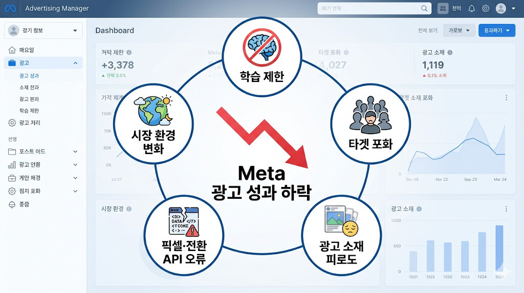 Meta 광고 성과 하락의 주요 원인 인포그래픽