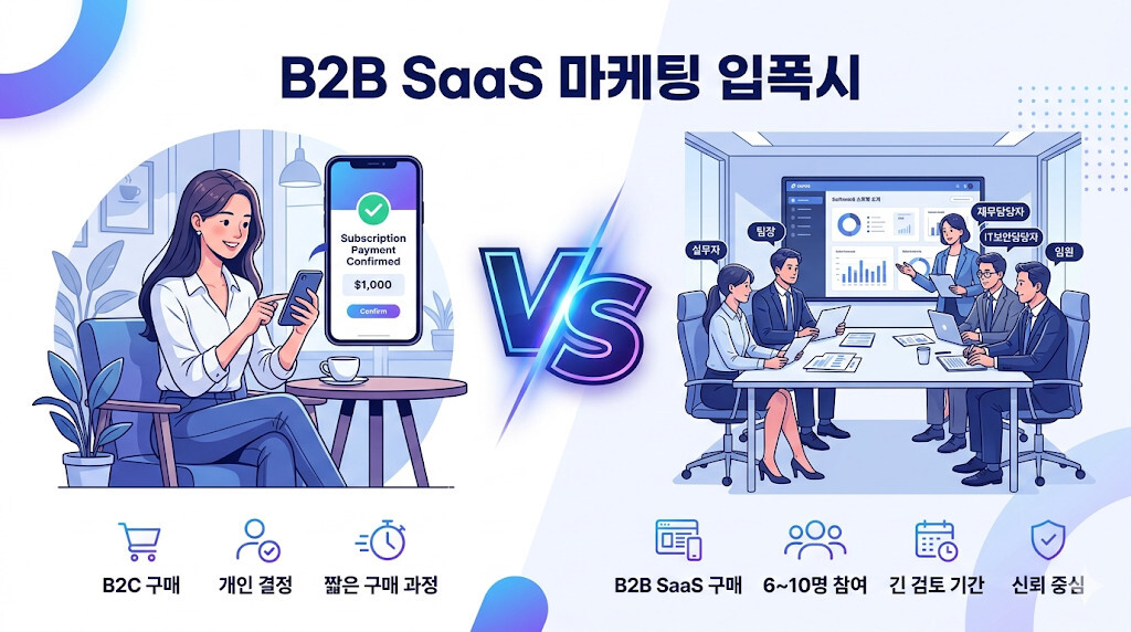 B2C 구매와 B2B SaaS 구매 의사결정 과정 비교 인포그래픽