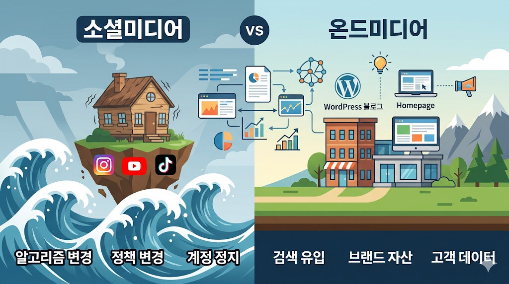 소셜미디어와 온드미디어의 차이를 보여주는 전문가 브랜딩 전략 인포그래픽