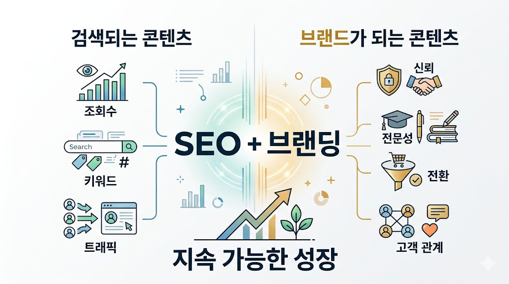SEO와 브랜딩의 차이와 관계를 설명하는 콘텐츠 마케팅 인포그래픽