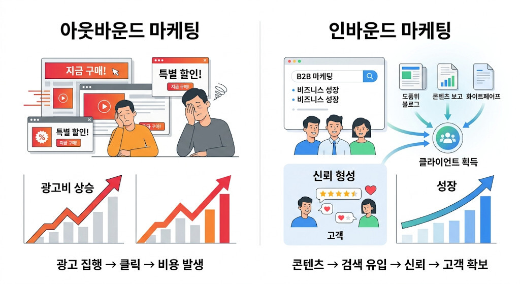 인바운드 마케팅과 아웃바운드 마케팅의 차이를 설명하는 인포그래픽