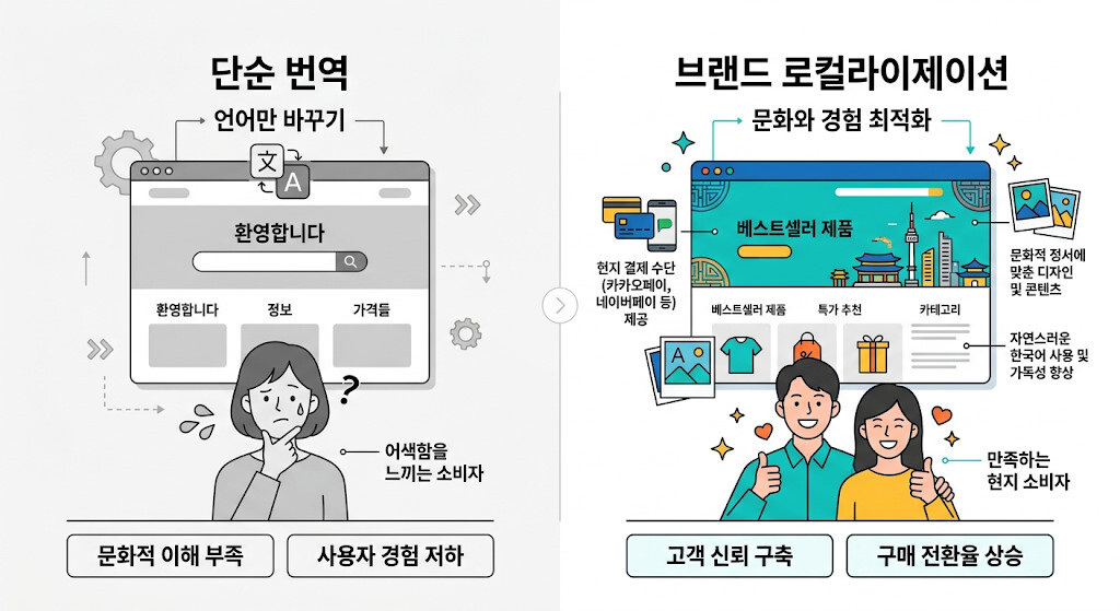 단순 번역과 브랜드 로컬라이제이션의 차이를 설명하는 인포그래픽