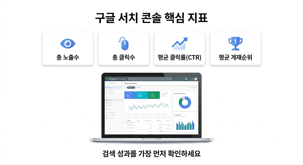 구글 서치 콘솔 핵심 지표인 노출수 클릭수 CTR 평균 게재순위를 설명하는 인포그래픽