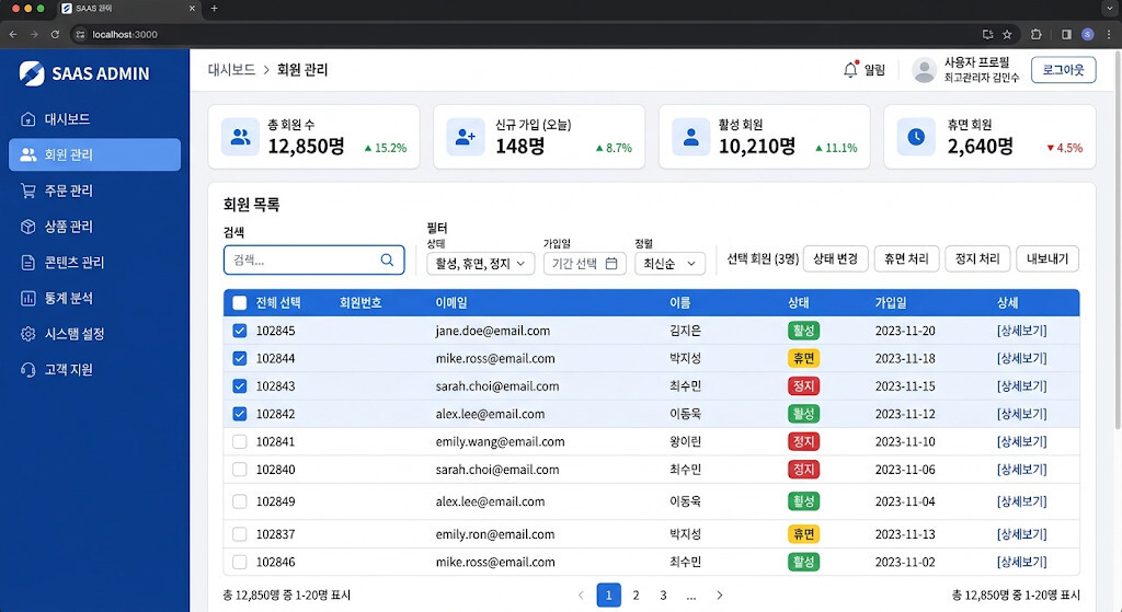 운영 효율을 고려한 백오피스 관리자 시스템 화면 예시