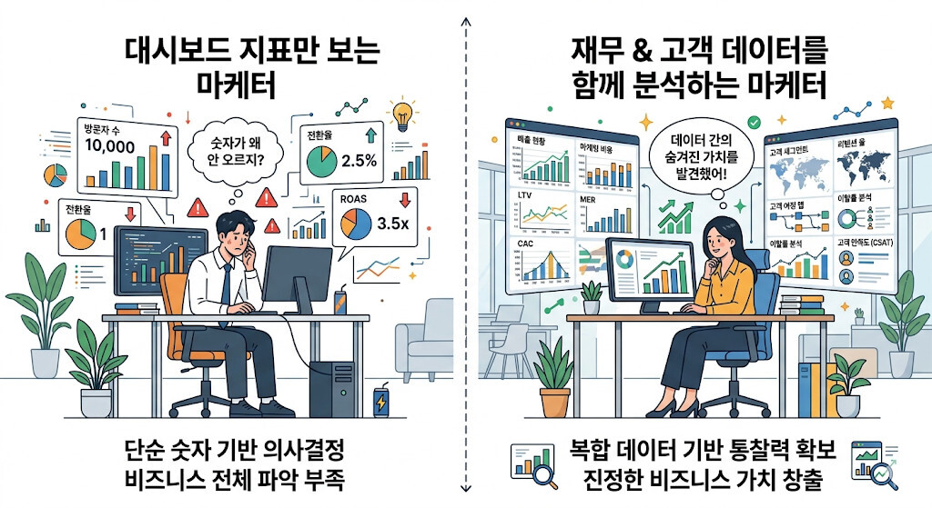 ROAS만 보는 마케터와 수익 구조를 분석하는 마케터의 차이를 보여주는 일러스트
