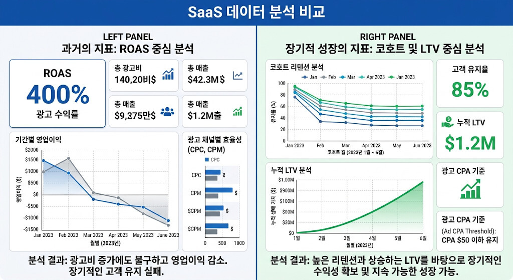 ROAS와 코호트 분석 기반 LTV의 차이를 비교한 데이터 인포그래픽