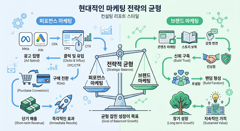 퍼포먼스 마케팅과 브랜드 마케팅의 차이를 비교한 인포그래픽