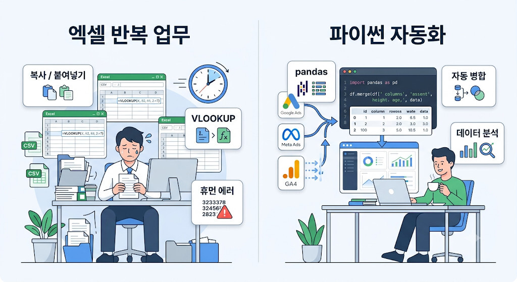 엑셀 반복 업무와 파이썬 자동화 업무를 비교한 인포그래픽