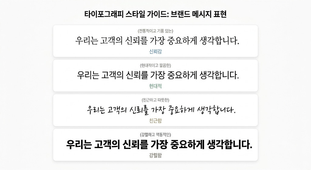 같은 문장이라도 타이포그래피에 따라 브랜드 이미지가 달라지는 예시