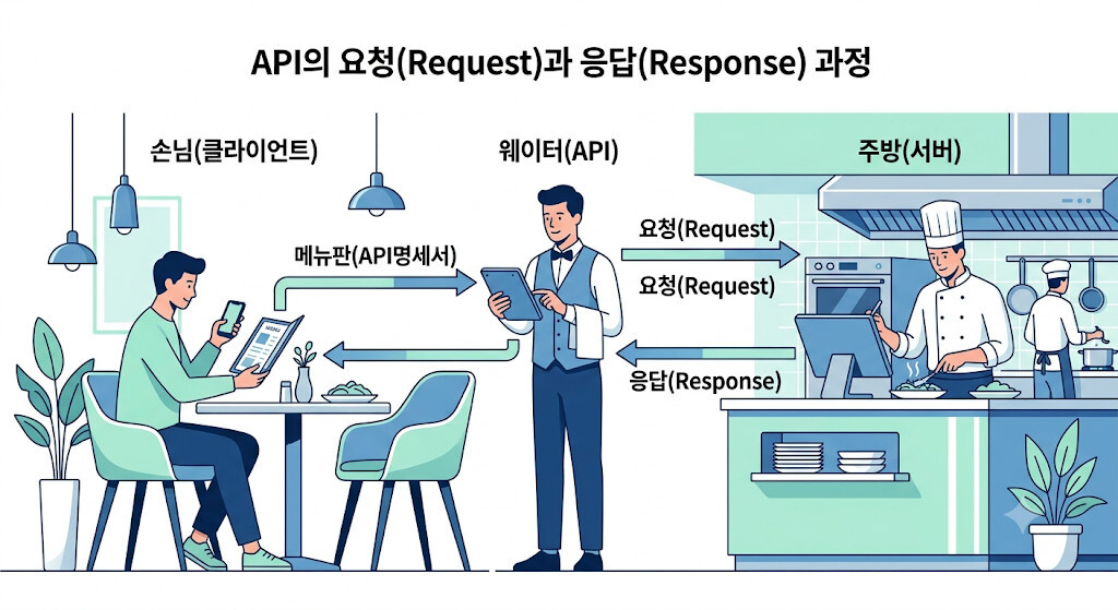 API의 요청과 응답 구조를 식당 비유로 설명한 인포그래픽