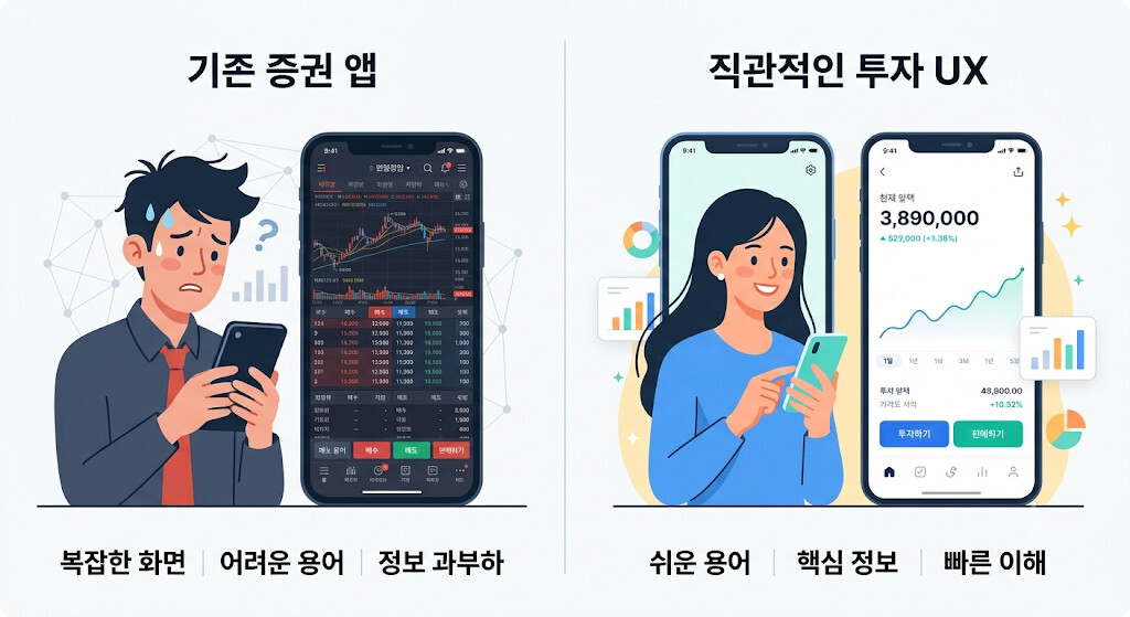 기존 증권 앱과 직관적인 투자 앱 UX를 비교한 인포그래픽