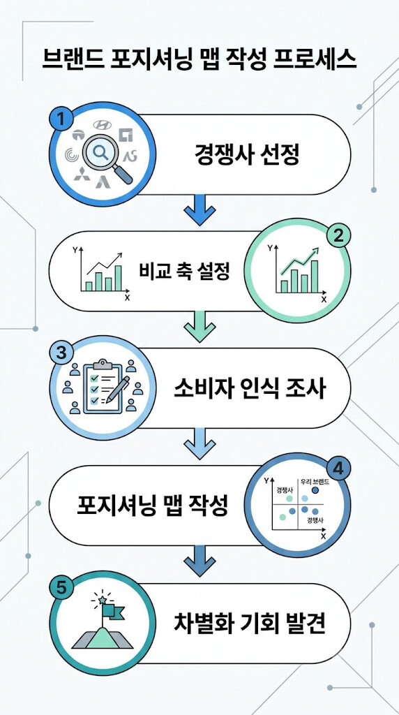 경쟁사 브랜드 포지셔닝 맵 작성 절차를 정리한 5단계 인포그래픽