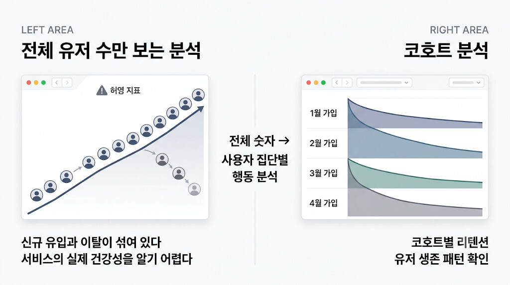 전체 사용자 수와 코호트별 리텐션을 비교한 코호트 분석 방법