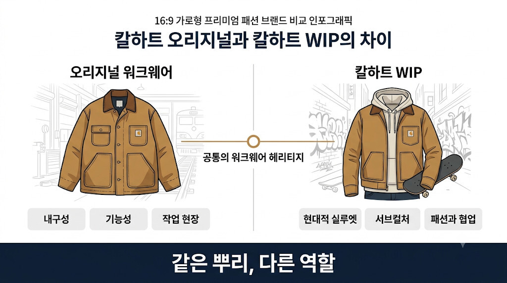 칼하트 오리지널 워크웨어와 칼하트 WIP의 기능성 및 스트리트 패션 디자인 차이