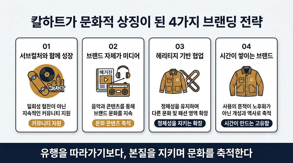 칼하트의 서브컬처 후원과 자체 미디어, 브랜드 협업, 헤리티지 기반 브랜딩 전략 4가지